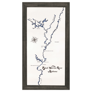 Black Warrior River, Alabama White Washed Wood and Distressed Black Frame Lake Map Silhouette