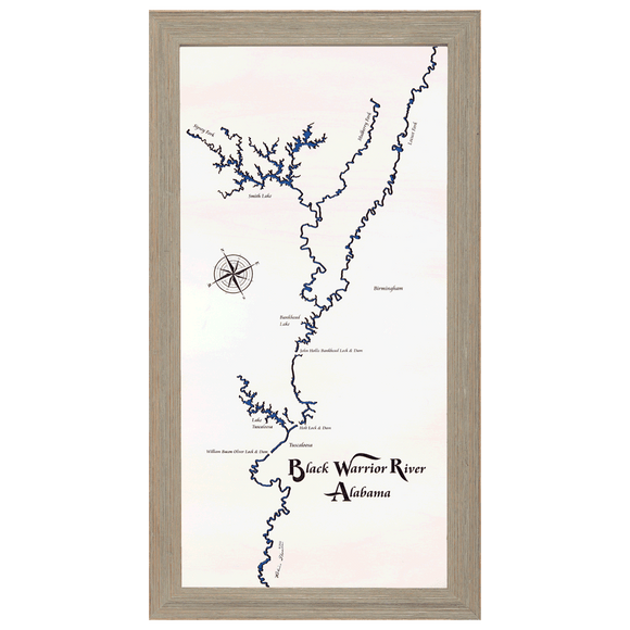 Black Warrior River, Alabama White Washed Wood and Rustic Gray Frame Lake Map Silhouette