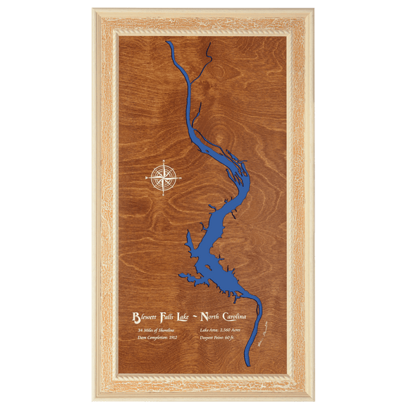 Blewett Falls Lake, North Carolina Stained Wood and Distressed White Frame Lake Map Silhouette