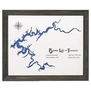 Boone Lake, Tennessee White Washed Wood and Distressed Black Frame Lake Map Silhouette