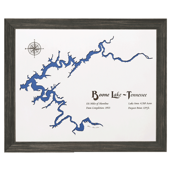 Boone Lake, Tennessee White Washed Wood and Distressed Black Frame Lake Map Silhouette