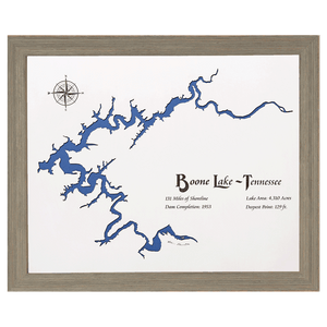Boone Lake, Tennessee White Washed Wood and Rustic Gray Frame Lake Map Silhouette