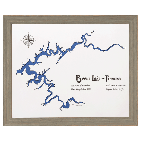 Boone Lake, Tennessee White Washed Wood and Rustic Gray Frame Lake Map Silhouette
