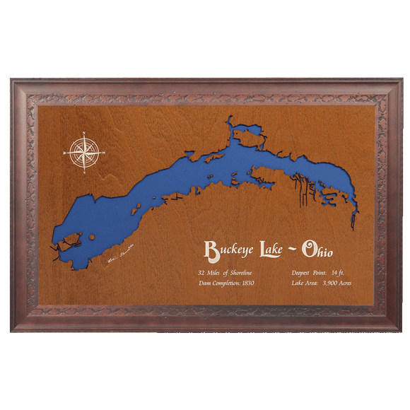 Buckeye Lake, Ohio Stained Wood and Dark Walnut Frame Lake Map Silhouette