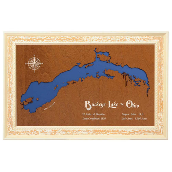 Buckeye Lake, Ohio Stained Wood and Distressed White Frame Lake Map Silhouette