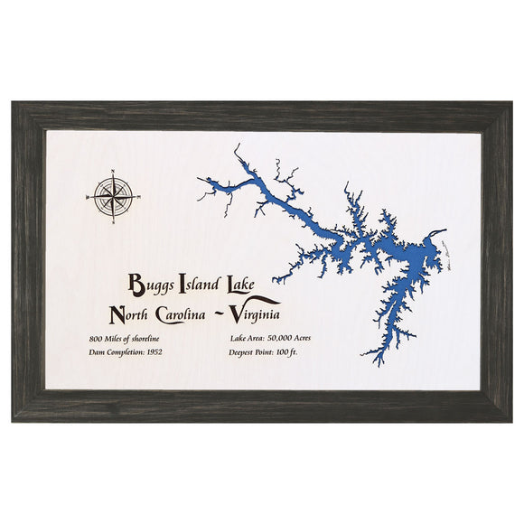 Buggs Island, North Carolina and Virginia White Washed Wood and Distressed Black Frame Lake Map Silhouette