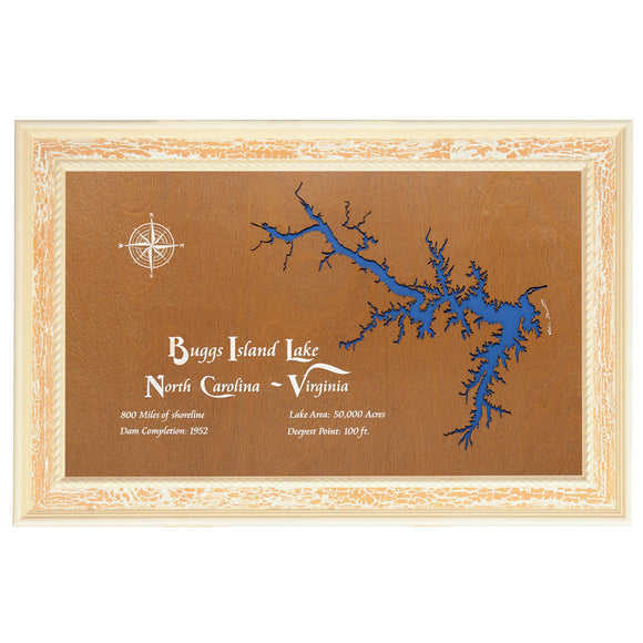 Buggs Island, North Carolina and Virginia Stained Wood and Distressed White Frame Lake Map Silhouette