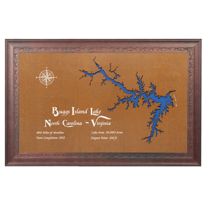 Buggs Island, North Carolina and Virginia Stained Wood and Dark Walnut Frame Lake Map Silhouette