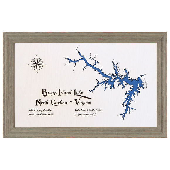 Buggs Island, North Carolina and Virginia White Washed Wood and Rustic Gray Frame Lake Map Silhouette