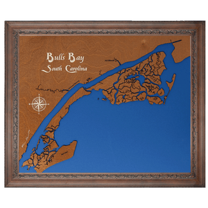 Bulls Bay, South Carolina Stained Wood and Dark Walnut Frame Lake Map Silhouette