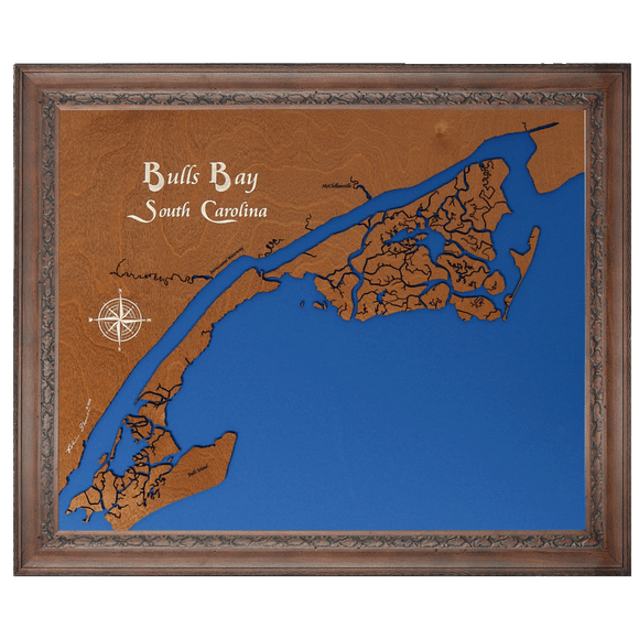 Bulls Bay, South Carolina Stained Wood and Dark Walnut Frame Lake Map ...