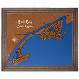 Bulls Bay, South Carolina Stained Wood and Dark Walnut Frame Lake Map Silhouette