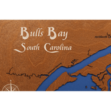 Bulls Bay, South Carolina Stained Wood and Dark Walnut Frame Lake Map Silhouette