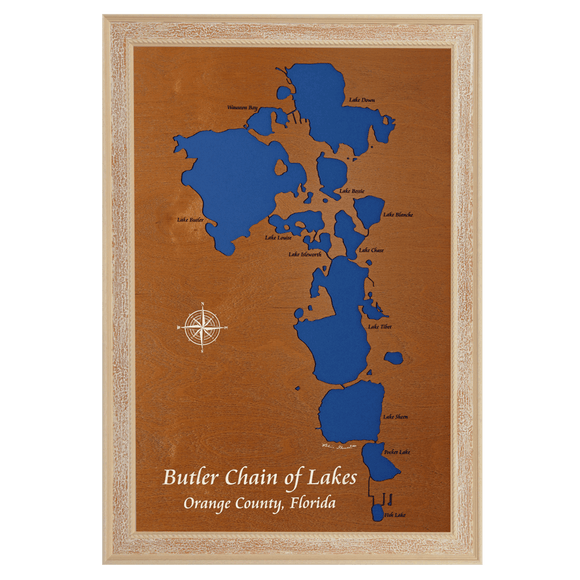 Butler Chain of Lakes, Florida Stained Wood and Distressed White Frame Lake Map Silhouette