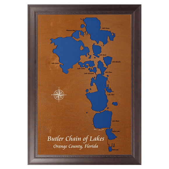 Butler Chain of Lakes, Florida Stained Wood and Dark Walnut Frame Lake Map Silhouette