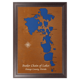 Butler Chain of Lakes, Florida Stained Wood and Dark Walnut Frame Lake Map Silhouette