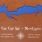 Cane Creek Lake, North Carolina Stained Wood and Dark Walnut Frame Lake Map Silhouette