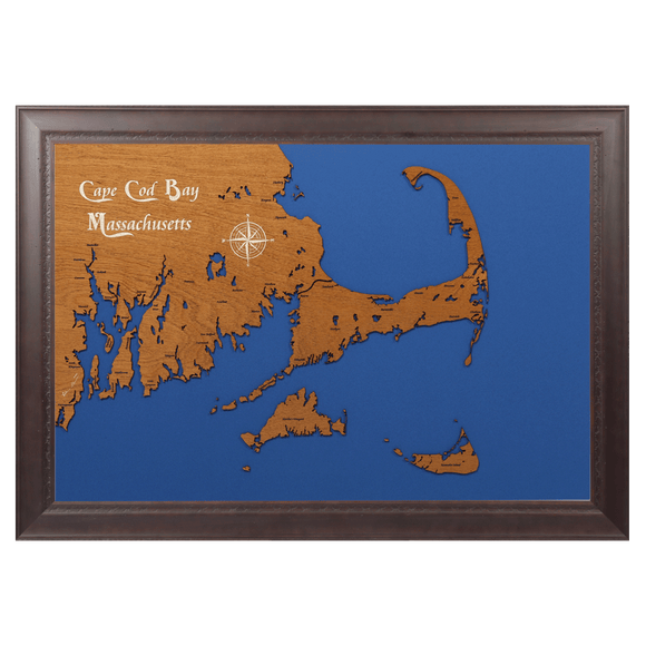 Cape Cod Bay, Massachusetts Stained Wood and Dark Walnut Frame Lake Map Silhouette