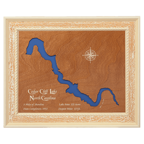 Cedar Cliff Lake, North Carolina Stained Wood and Distressed White Frame Lake Map Silhouette