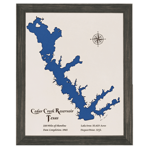 Cedar Creek Reservoir, Texas White Washed Wood and Distressed Black Frame Lake Map Silhouette