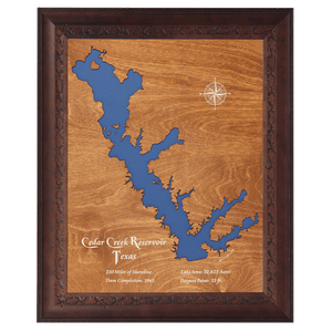 Cedar Creek Reservoir, Texas Stained Wood and Dark Walnut Frame Lake Map Silhouette