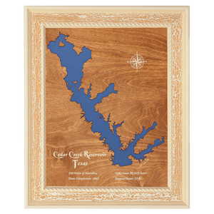 Cedar Creek Reservoir, Texas Stained Wood and Distressed White Frame Lake Map Silhouette