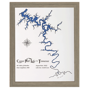Center Hill Lake, Tennessee White Washed Wood and Rustic Gray Frame Lake Map Silhouette