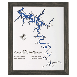 Center Hill Lake, Tennessee White Washed Wood and Distressed Black Frame Lake Map Silhouette