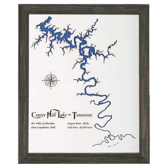 Center Hill Lake, Tennessee White Washed Wood and Distressed Black Frame Lake Map Silhouette