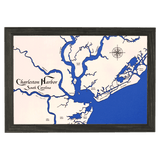 Charleston Harbor, South Carolina White Washed Wood and Distressed Black Frame Lake Map Silhouette