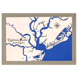 Charleston Harbor, South Carolina White Washed Wood and Rustic Gray Frame Lake Map Silhouette