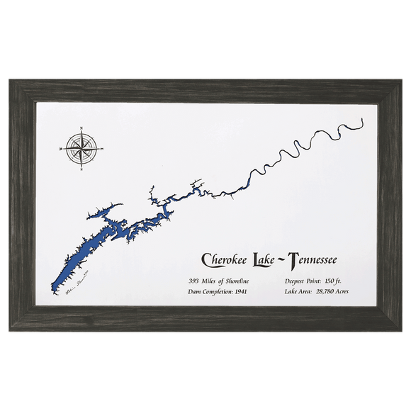 Cherokee Lake, Tennessee White Washed Wood and Distressed Black Frame Lake Map Silhouette