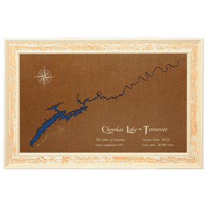 Cherokee Lake, Tennessee Stained Wood and Distressed White Frame Lake Map Silhouette