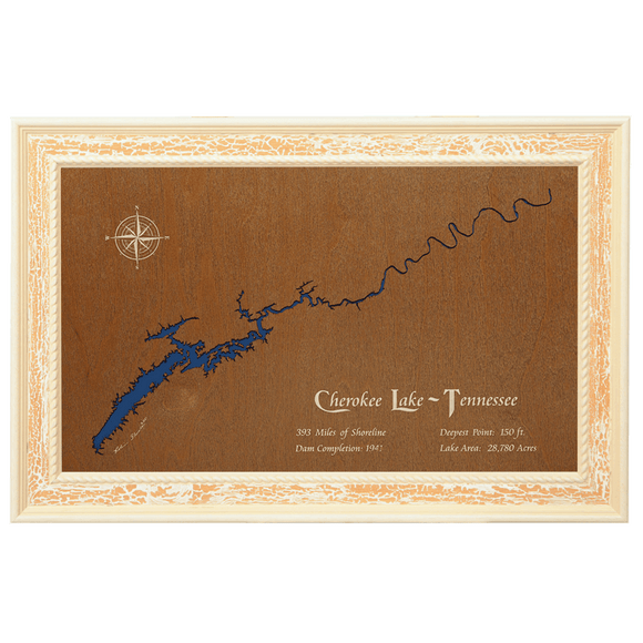 Cherokee Lake, Tennessee Stained Wood and Distressed White Frame Lake Map Silhouette