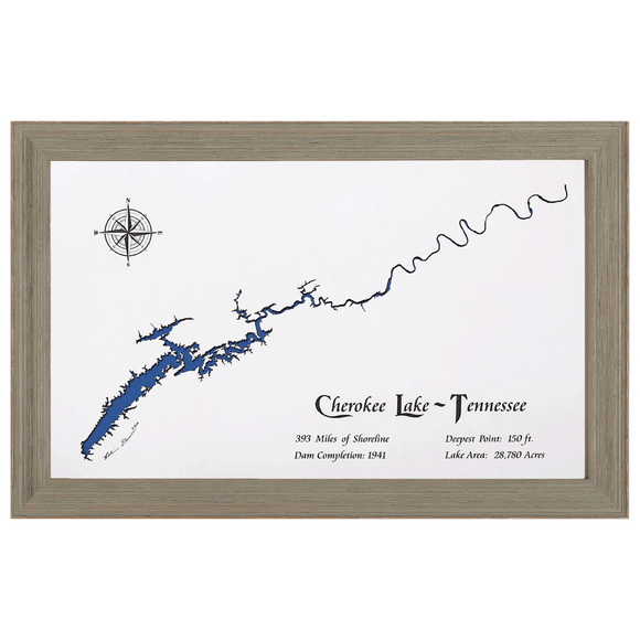 Cherokee Lake, Tennessee White Washed Wood and Rustic Gray Frame Lake Map Silhouette