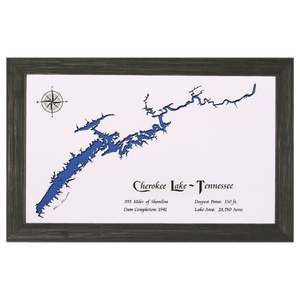 Cherokee Lake, Tennessee White Washed Wood and Distressed Black Frame Lake Map Silhouette