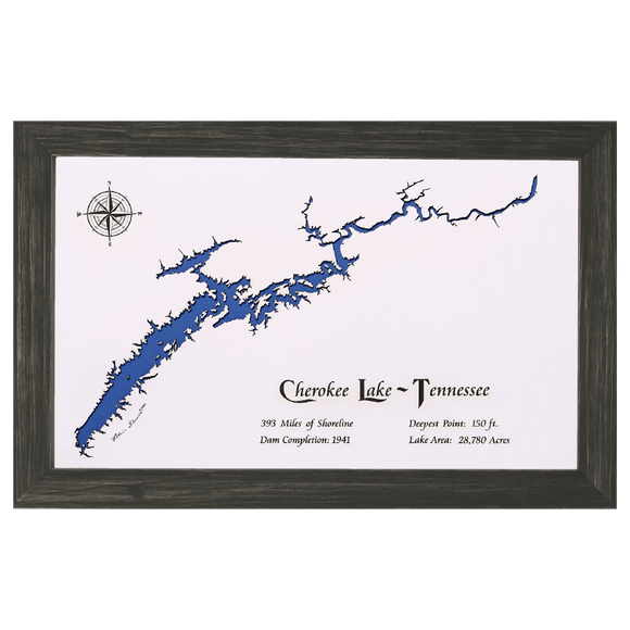 Cherokee Lake, Tennessee White Washed Wood and Distressed Black Frame Lake Map Silhouette
