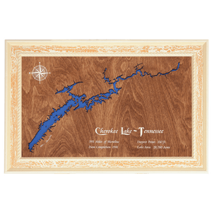Cherokee Lake, Tennessee Stained Wood and Distressed White Frame Lake Map Silhouette