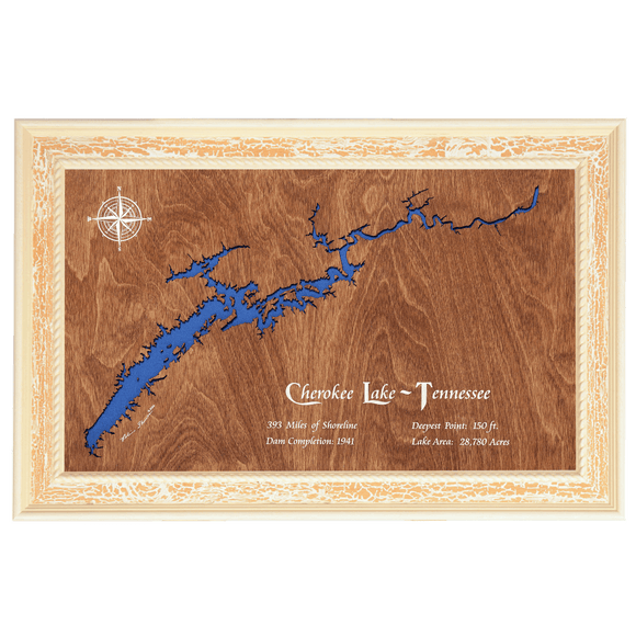 Cherokee Lake, Tennessee Stained Wood and Distressed White Frame Lake Map Silhouette