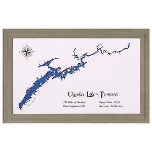 Cherokee Lake, Tennessee White Washed Wood and Rustic Gray Frame Lake Map Silhouette