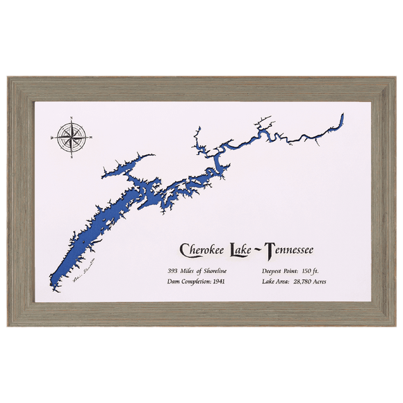 Cherokee Lake, Tennessee White Washed Wood and Rustic Gray Frame Lake Map Silhouette