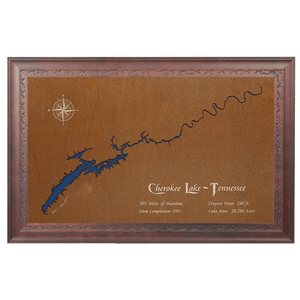 Cherokee Lake, Tennessee Stained Wood and Dark Walnut Frame Lake Map Silhouette