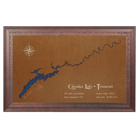 Cherokee Lake, Tennessee Stained Wood and Dark Walnut Frame Lake Map Silhouette