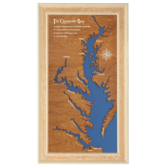 Chesapeake Bay Stained Wood and Distressed White Frame Lake Map Silhouette