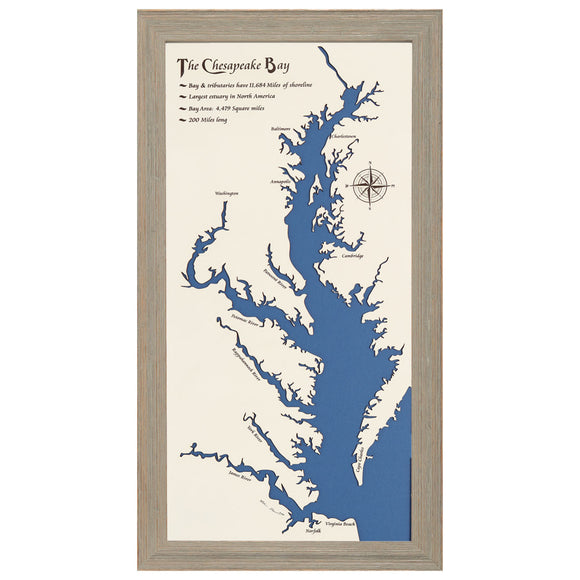 Chesapeake Bay White Washed Wood and Rustic Gray Frame Lake Map Silhouette