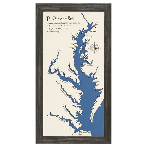 Chesapeake Bay White Washed Wood and Distressed Black Frame Lake Map Silhouette