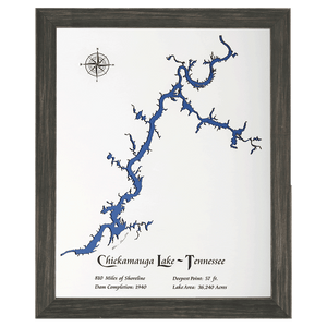 Chickamauga Lake, Tennessee White Washed Wood and Distressed Black Frame Lake Map Silhouette