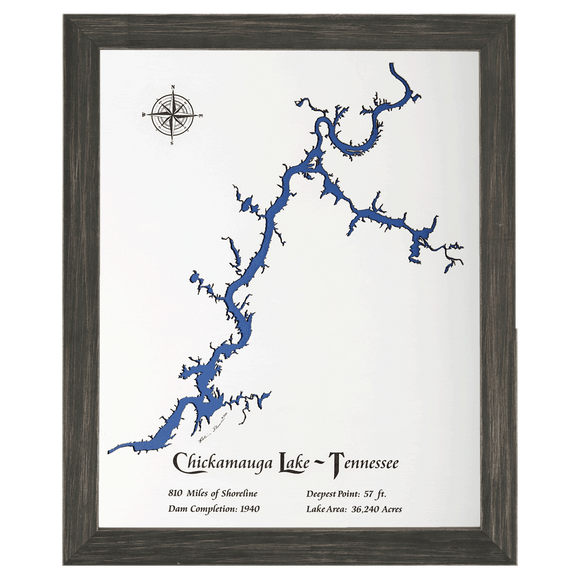 Chickamauga Lake, Tennessee White Washed Wood and Distressed Black Frame Lake Map Silhouette