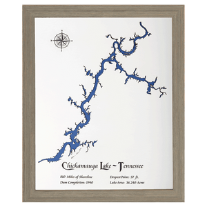 Chickamauga Lake, Tennessee White Washed Wood and Rustic Gray Frame Lake Map Silhouette