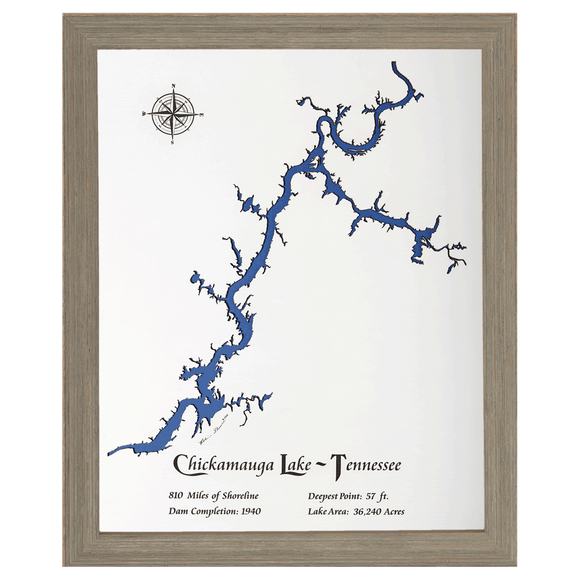 Chickamauga Lake, Tennessee White Washed Wood and Rustic Gray Frame Lake Map Silhouette